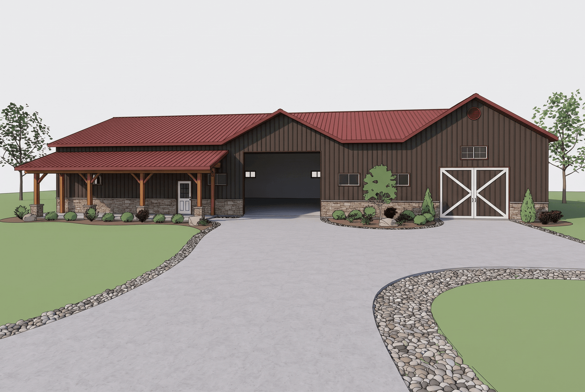 Conceptual architectural plan of an Orton commercial pole barn in Minnesota with a red metal roof, open bay, and timber porch