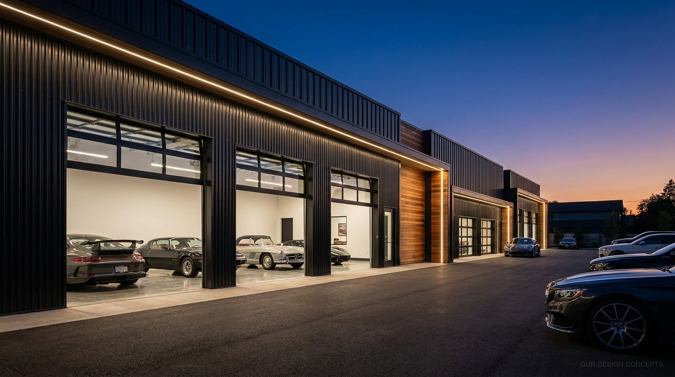 Design concept — luxury motor cave car condo at dusk